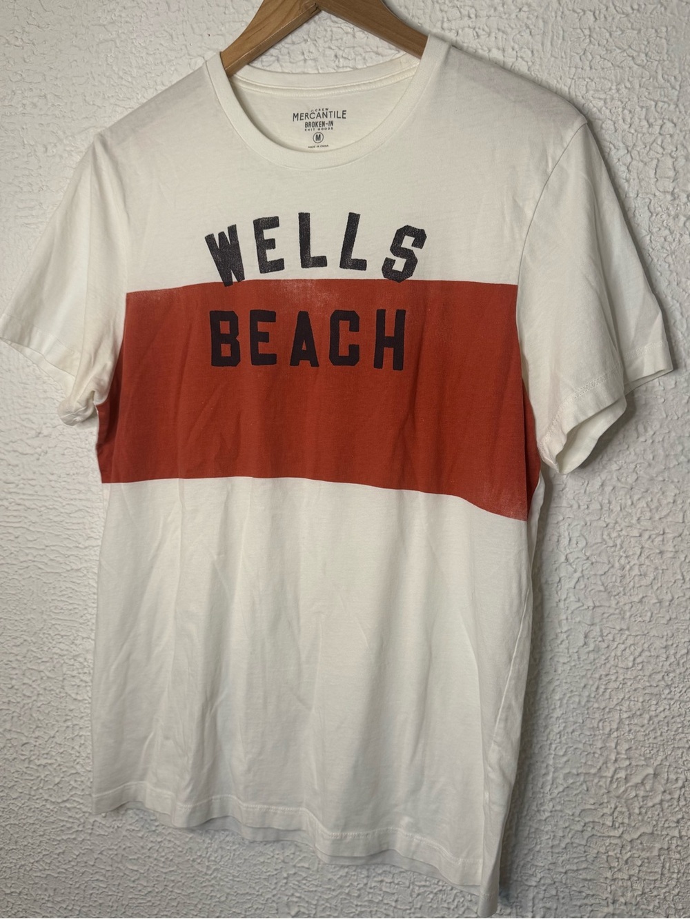 J. Crew White T-Shirt with Rust Chest Panel and Navy Print